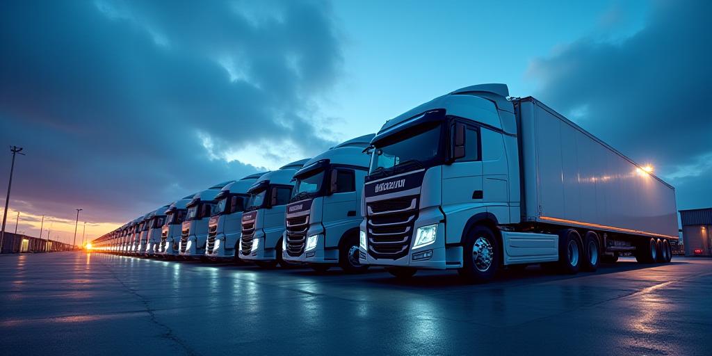 Panoramic shot of a modern heavy-duty truck fleet at dusk