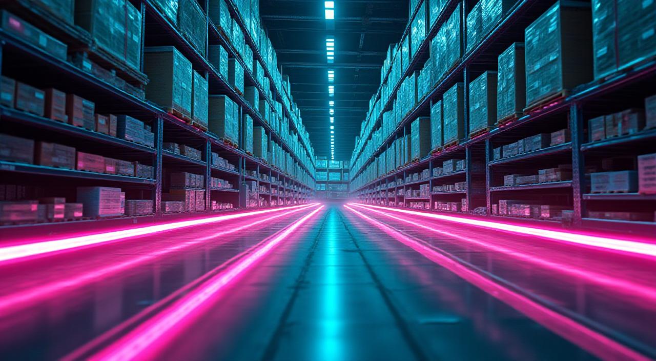 Modern automated warehouse with glowing light trails representing data flow