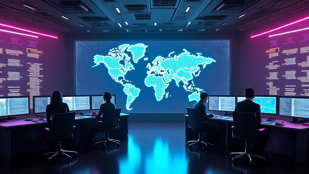 Futuristic logistics control center with holographic displays and glowing supply chain maps